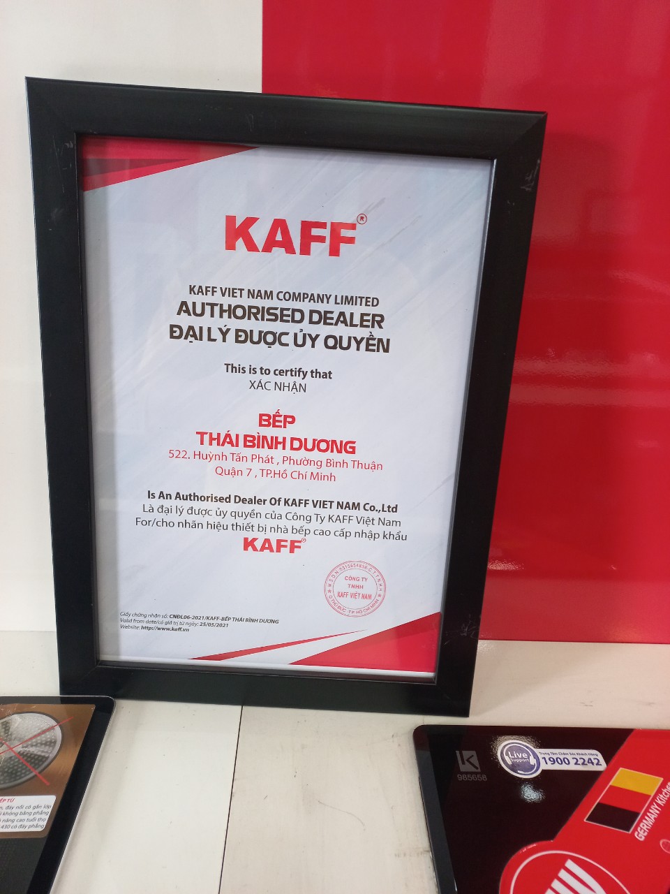 ảnh thực tế giấy chứng nhận của hãng Kaff