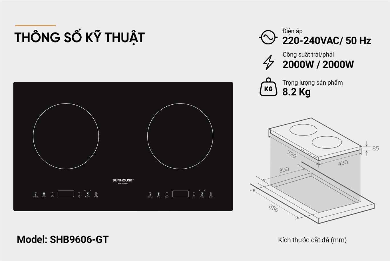 Bếp từ đôi Sunhouse SHB9606-GT